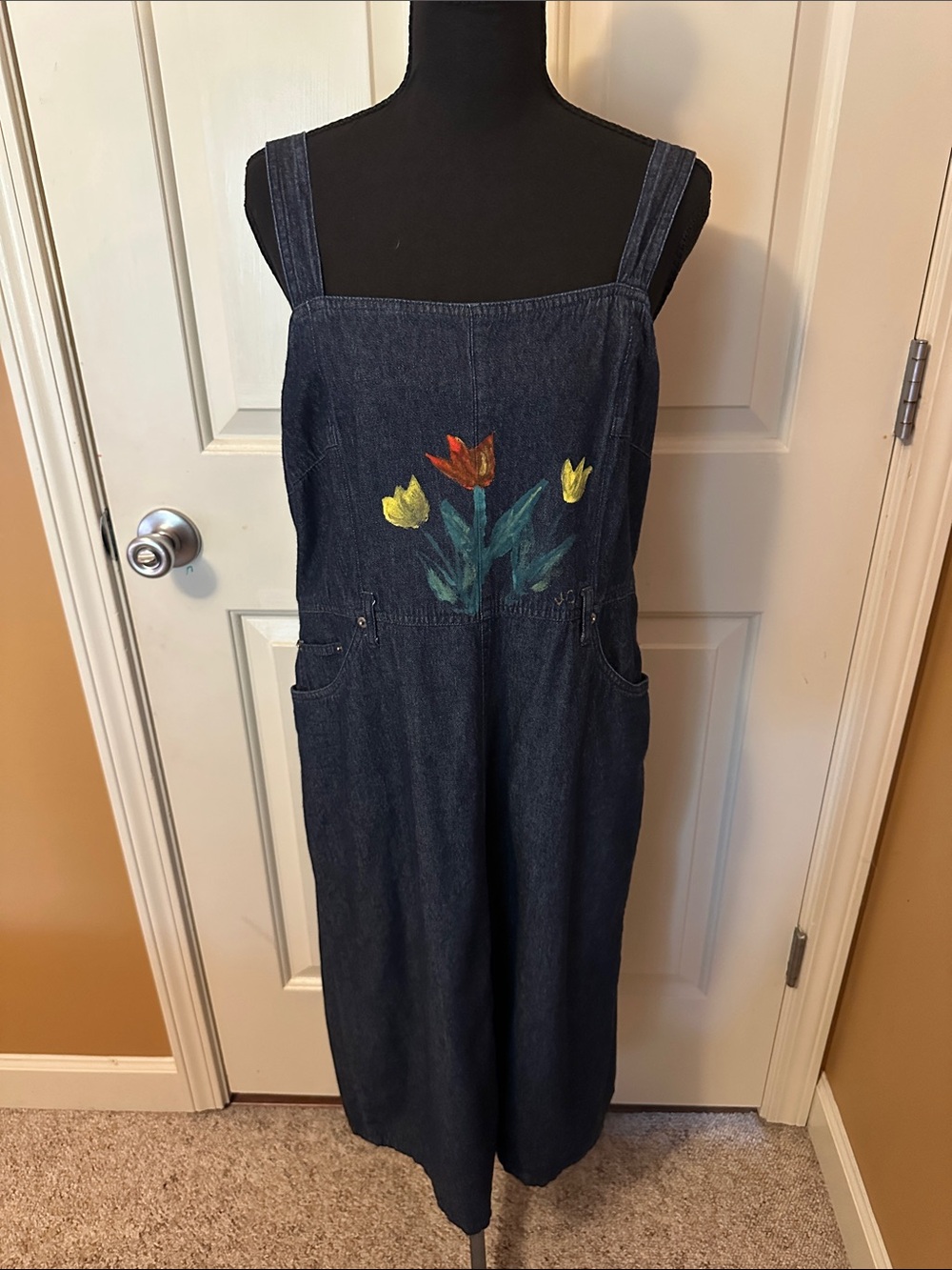 Faded Glory Dark Blue Denim Floral Painted Wide-Leg Jumpsuit